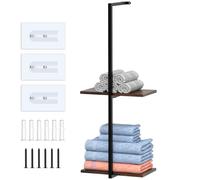Hole-Free Towel Racks for Bathroom - Wall Mount Bathroom Towel Holder with 2 Tier Wood Shelf, Compact Towel Storage Rack for Small Bath Spaces