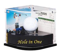 Hole in One Golf Ball Display Case, Black Golf Ball Throne with Golden Stamp, Curved Lid with 2 Background Frames on Each Side, Includes Pencil Holder & Adhesive Dots, No Assembly Required