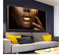 HOLEILUCK Black Women Face with Golden Liquid Canvas Painting Prints Gold Frame Wall Art Large for Living Room Home Decor 80x162cm/32x64in Golden Frame
