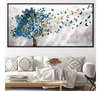 HOLEILUCK Blue Tree Gold Butterfly Abstract Leaves Wall Art Canvas Painting Nordic Framed and Print Picture for Living Room Decor 90x175cm/35x69in With-Black-Frame Ready to Hang