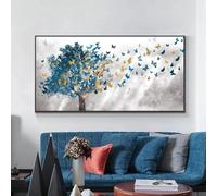 HOLEILUCK Modern Nordic Blue Tree Butterfly Canvas Painting Wall Art Posters Prints Wall Pictures for Living Room Home Wall Decor 60x130cm/24x51in With Black Frame Ready to Hang