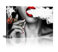 HOLEILUCK Red Lips Smoking Money Characters Women Oil Painting on Canvas Prints Cuadros Framed Wall Art Pictures For Living Room 40x68cm(15.7x26.8in) Withframe