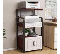 HOLGVE 3/4 Tiers Mobile Printer Stand, Printer Table with File Cabinet, Rolling Under Desk Printers Shelf With Storage Shelf And Drawer, for Printer, Heat Press, Scanner Fax(Black+Walnut,4 Tiers)