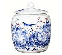 HOLGVE Hand Painted Ceramic Rice Cylinder，Ceramic Rice Jar with Lid，Food Containers Jar, Household Rices Barrel, Kitchen Flour Bucket, for Soybeans, Corn, Flour, Oatmeal(White-D,15KG)