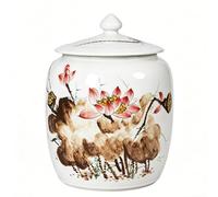 HOLGVE Hand Painted Ceramic Rice Cylinder，Ceramic Rice Jar with Lid，Food Containers Jar, Household Rices Barrel, Kitchen Flour Bucket, for Soybeans, Corn, Flour, Oatmeal(White-C,25KG)
