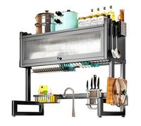 HOLGVE Over The Sink Dish Drying Rack, Kitchen Countertop Organizer Rack Dustproof With Cover, Dish Drying Racks for Kitchen Counter, for Plates, Bowls(Black,95x30cm/37.4x11.8in)