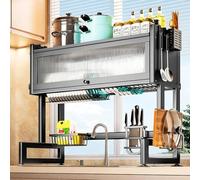 HOLGVE Over The Sink Dish Drying Rack with Cover,Kitchen Countertop Organizer Rack Dustproof, Large Multiple Storage Metal Counter Shelf, Space-Saving, for Plates,Bowls(Black,75x30cm/29.5x11.8in)