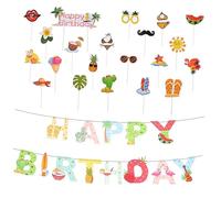 Holibanna 1 Set Happy Birthday Hawaii Banner with Cake Toppers Tropical Beach Party Decorations for Hawaiian Themed Birthday Celebrations