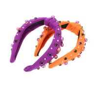 Holibanna 2pcs Halloween Headband for Women Lightweight Beaded Knotted Design with Rhinestone Faux Pearl Highcrown Statement Hair Accessory for Halloween Parties Purple Orange