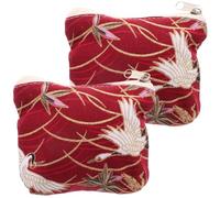 Holibanna 2Pcs Japanese Canvas Coin Purse Zipper Mini Wallet Vintage Red Crane Pattern Cotton Change Pouch Portable Small Organizer for Travel and Daily Use
