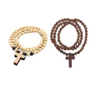 Holibanna 2pcs Men’s Wooden Cross Necklace with Prayer Beads, Short Brown and Natural Tone Beaded Christian Necklace for Hip Hop Fashion Accessories