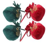 Holibanna 4Pcs Small Velvet Drawstring Candy Pouches Christmas Bags in Wine Red and Dark Green with Bell for Xmas Party Favors and Seasonal Treat Wrapping
