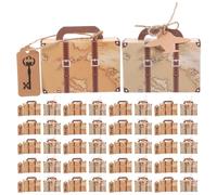Holibanna 60pcs Mini Suitcase Box with Tags and Burlap Twine - World Map Mini Party Favor Boxes for Wedding Party - Kraft Paper Candy Packing for Sweets Cookies Treats 3.2x2.2x1.2in