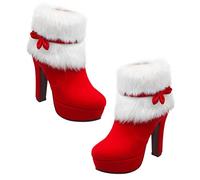 Holibanna Christmas High Heel Plush Ankle Booties for Women Stylish Zipper Short Boots Bow for Winter Parties Comfortable Warm Winter Footwear Xmas Holiday Essential