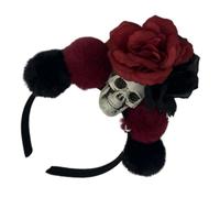 Holibanna Lightweight Halloween Skull Headband with Dark Red Rose and Plush Pom-poms Hairband for Party Cosplay and Daily Wear Comfortable and Compact Hair Decoration Accessory