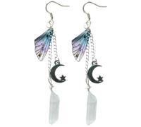 Holibanna Silver Fairy Wings Earrings for Women and Teens Alloy Dangling Butterfly Wing Design with Moon Charm Minimalist Long Chain Crystal Jewelry Gift for Ladies