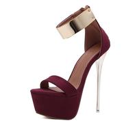 Holibanna Womens Sandals Ankle Strap Super High Heel Pumps Suede Round Toe 16cm Heeled Platform Stripper Dancing Shoes Claret