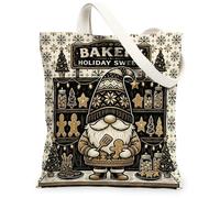 Holiday Bakery Gnome Christmas Canvas Tote Bag 13x15 Inch | Gingerbread Biscuit , Bakery Theme, Winter Snowflake Pattern, Cozy Kitchen Aesthetic, Seasonal Home Decor