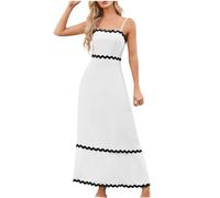 Holiday Beach Dress for Women UK Boho Spaghetti Strap Long Dress Sleeveless Maxi Dress Summer Casual Bandeau Sundress Solid Color Beach Dresses A-Line Swing Loose Maxi Dress White