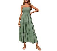 Holiday Boho Spaghetti Strap Long Sleeveless Summer Casual Bandeau Sundress - Solid Color Beach Maxi Dress with Pleated Swing Loose Design for Women UK