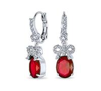 Holiday Bridal Wedding Vintage Style AAA Cubic Zirconia Simulated Ruby Red CZ Accent Ribbon Bow Oval Drop Earrings For Women Silver Plated Lever back Jewel Colors