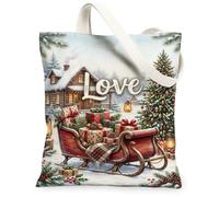 Holiday Cabin Love Quote Sleigh Christmas Canvas Tote Bag 13x15 Inch | Winter Cabin Scene, Rustic Holiday Decor, Festive Gift Boxes, Seasonal Charm, Cozy Winter Atmosphere