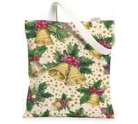 Holiday Canvas Tote Bags, Bell and Holly Pattern Reusable Grocery Bags, Merry Lightweight Washable Shoulder Strap Canvas for Travel Beach 13x15 Inch