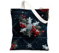 Holiday Canvas Tote Bags, Festive Berry Floral Design Reusable Shopping Bags, Cozy Winter Plant Pattern Lightweight Washable Shoulder for Gym Travel Beach Picnic 13x15 Inch