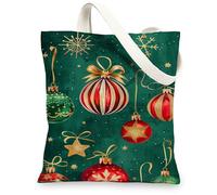 Holiday Canvas Tote Bags, Festive Ornament Design Reusable Shopping Bags, Colorful Merry Season Lightweight Washable Should, Green, 13x15 Inch