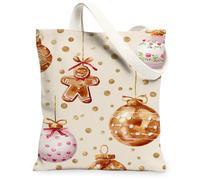 Holiday Canvas Tote Bags, Gingerbread & Ornament Design Reusable Bags, Merry Lightweight Washable Shoulder Strap Canvas for Grocery Travel 13x15 Inch