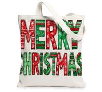 Holiday Canvas Tote Bags, Merry Lettering Pattern Reusable Grocery Bags, Winter Vintage Lightweight Washable Shoulder Strap, White, 13x15 Inch