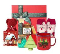 Holiday Ceramics 8-Piece Christmas Gift Set with Enamel Mug, Fuzzy Socks, Scented Candles, Plush Bear, Decorative Tree, Red and White Holiday Relaxation Collection