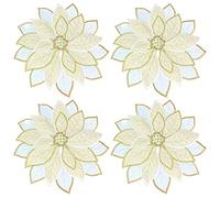 Holiday Christmas Applique Poinsettia Red Green Embroidered Christmas Flower Linen Table Runner for Home Dinner Xmas Table Top Decorations (Gold, Placemat 14" Set of 4)