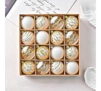 Holiday Christmas Ball Ornament Set of 16 with White and Gold Glitter, Plastic Material for Safe Use in Homes with Children and Pets (XM0016S - White)