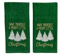Holiday Christmas Bathroom Guest Hand Towels, 100% Cotton, Set of 2, 16 x 25 inches, Have Yourself a Merry Little Christmas Gold White on Green