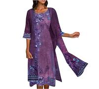 Holiday Clothes For Women Uk T Shirt Dress A Line Dresses Crew Neck Floral Print Chiffon 2 Piece Set Midi Evening (Purple, Xxl)