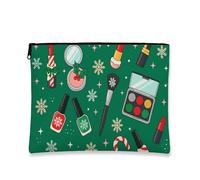 Holiday Cosmetic Bag, Festive Green Snowflakes and Candy Canes Makeup Pouch for Women, Portable Small Zipper Organizer, Christmas Skincare Toiletry Bag 7x9 Inch