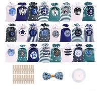 Holiday Countdown Calendar Satin Bags with Wood Clamps and Rope for Organizing Candy and Party Activities (Green)