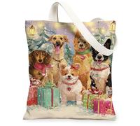 Holiday Dogs Canvas Tote Bags, Colorful Animal Design Reusable Grocery Bags, Winter Vintage Lightweight Washable Shoulder Strap Canvas for Travel Outdoor Picnic 13x15 Inch