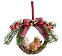 Holiday Door Decor Squirrel Wreath, Rustic Pine Leaf Garland with | Bow, Artificial Squirrel Decoration for Christmas Wall Hanging, Country Home Accent