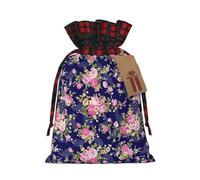 Holiday Drawstring Navy Blue Base Floral Print Gift Bags,Assorted Size Small,Medium,Holiday Xmas Presents Wrapping Bags With Tags