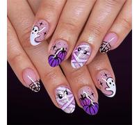 Holiday Dress Up False Tips for Halloween, 24 Piece Nude Manicure Set with Pumpkin Character and Mummy Wrap Artwork for Evening Plans Halloween False Tips Manicure Set Pumpkin Web Mummy Glitter