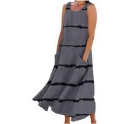 Holiday Dresses for Women UK Italian Linen Dresses with Pocket Sleeveless Boho Casual Sundress Flowy Swing Maxi Dress Loose Pullover Dress Lounge Dress Beach Holiday Long Dress