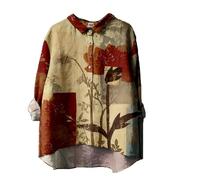 Holiday Essentials for Women Oversize T Shirt Women Linen T Shirt for Women's Flower Printed Loose Fit Tee Tops Lapel Neck Button Blouses Long Lightning Deals Today Red