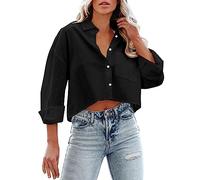 Holiday Essentials for Women Oversized T Shirt Women Button Down Cropped Shirts Long Sleeve Casual Crop Tops Solid Lapel Blouse Shirt with Chest Bargains of The Day Sale Black
