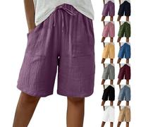 Holiday Essentials for Women UK Linen Shorts for Women UK Summer Knee Length Bermuda Shorts Baggy Straight Wide Leg Ladies Short Pants Casual Drawstring Beach Tracksuit Bottoms with Pockets
