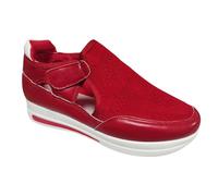 Holiday Essentials for Women Wedge Trainers Women Low Top Hook Loop Athletic Shoes Breathable Leather Holow Mesh Orthopedic Shoes Casual Wide Fit Trainers Non-Slip Running Shoes Walking Shoes Red