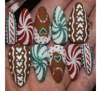 Holiday Fake Nails Red Green Stripe Hearts 30pcs Short Square Press On ABS & Gift Christmas Party Red Green Stripe Fake Nails