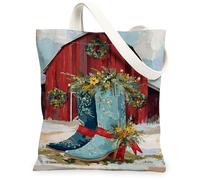 Holiday Floral Canvas Tote Bags, Rustic Boots Design Reusable Bags, Winter Country Chic Lightweight Washable Canvas for Gro, Blue, 13x15 Inch