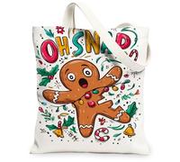 Holiday Gingerbread Canvas Tote Bags, Fun Christmas Biscuits Design Reusable Grocery Bags, Lightweight Washable Shoulder St, White, 13x15 Inch